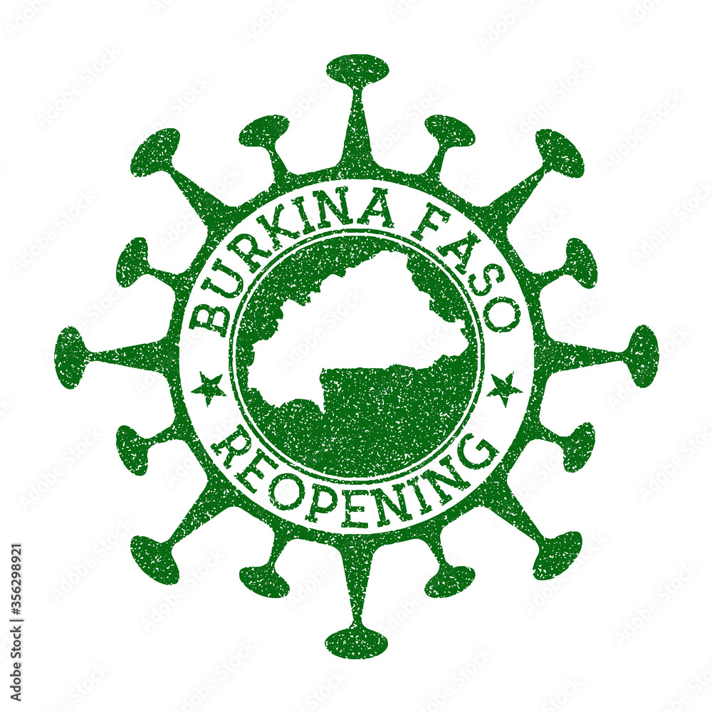 Burkina Faso Reopening Stamp. Green round badge of country with map of Burkina Faso. Country opening after lockdown. Vector illustration.