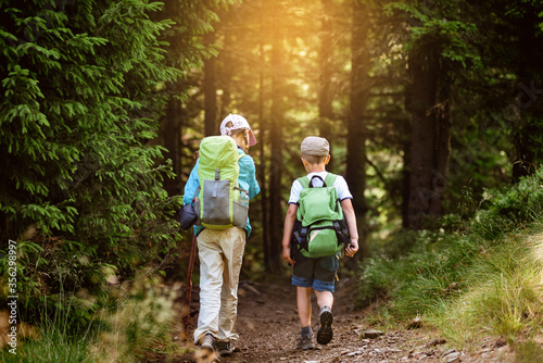 Group of children with backpacks trekking in green summer Carpathians