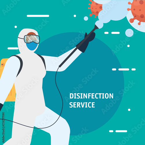 Man with protective suit spraying covid 19 virus design, Disinfects clean antibacterial and hygiene theme Vector illustration
