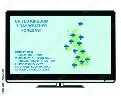 Comical United Kingdom seven day weather forecasts with rain all week isolated on white background