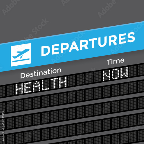 Unusual departures display board at airport terminal showing abstract international destination flight to health. Concepts: healthy lifestyle, bodycare, medicine, healthy eating, vegetarian, vegan etc