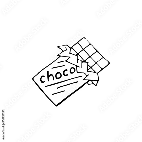 Hand-drawn chocolate bar in expanded packaging. Doodle drawing. Vector illustration.