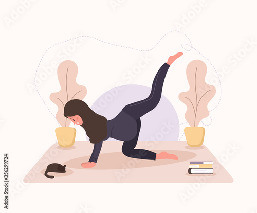 Pretty arab pregnant woman doing yoga, having healthy lifestyle and relaxation. Exercises for girls. Modern vector illustration in flat style. Happy pregnancy concept isolated on white background.