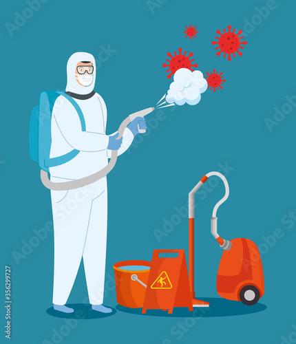Man with protective suit spraying cleaning equipment with covid 19 virus design, Disinfects clean and antibacterial theme Vector illustration