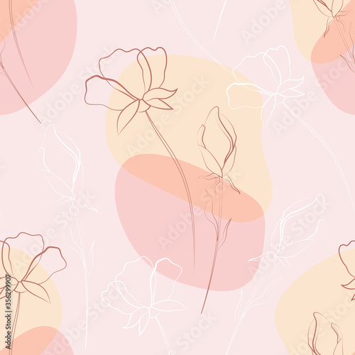 Flowers and leaves. Flower seamless pattern. Drawing lines on the background of watercolor blots. Line art, sketch, ink, freehand drawing, graphics. Vector illustration isolated on a pink background.
