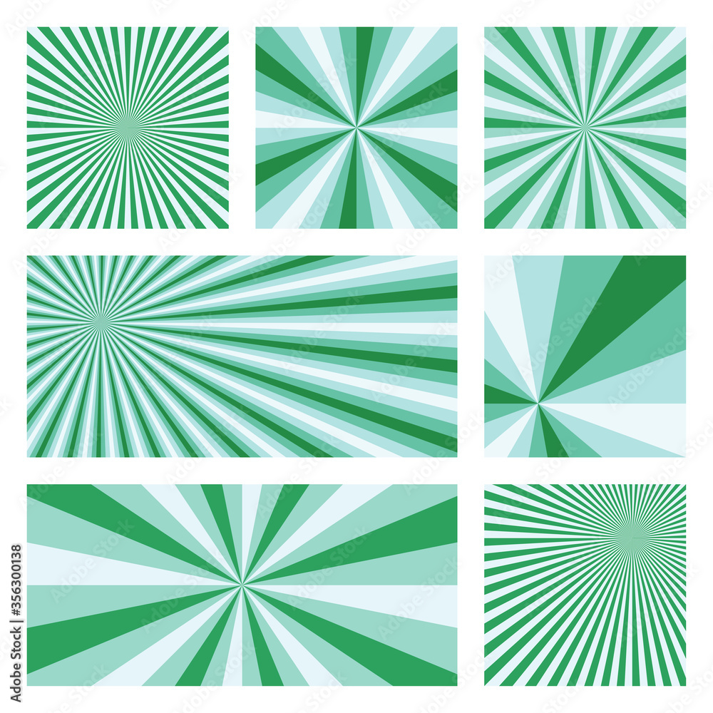 Appealing sunburst background collection. Abstract covers with radial rays. Radiant vector illustration.