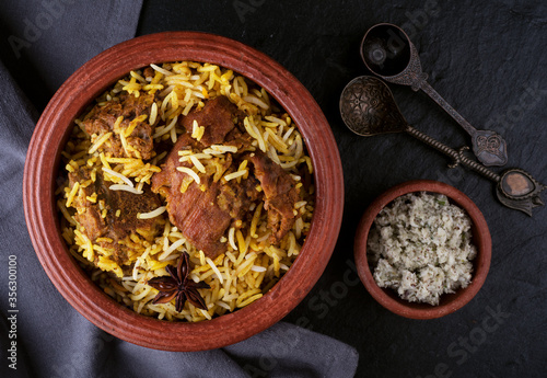 Delicious and spicy mutton biryani top view