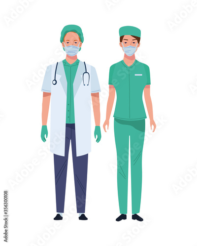 couple doctor and surgeon wearing medical masks characters