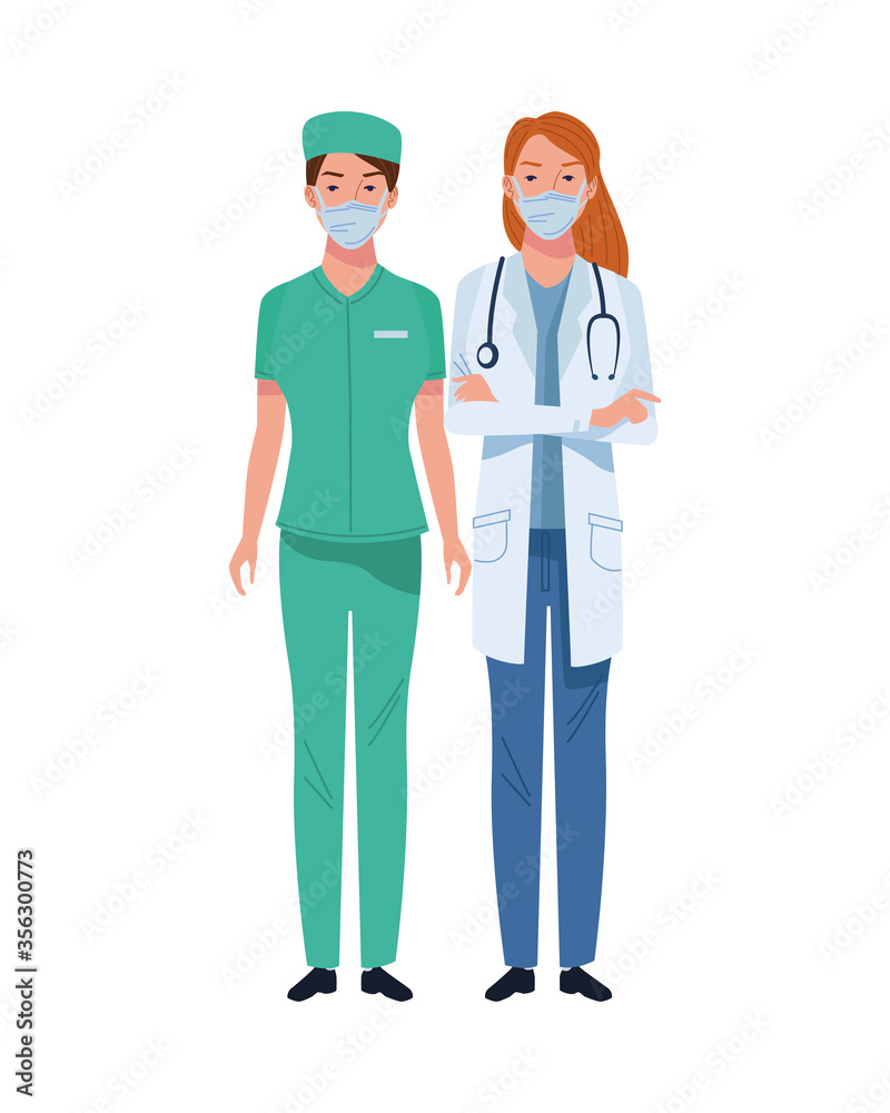 female doctor and surgeon wearing medical masks characters