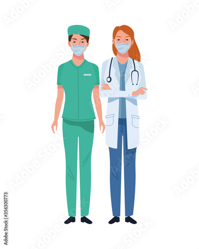 female doctor and surgeon wearing medical masks characters