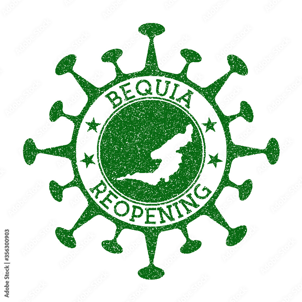 Bequia Reopening Stamp. Green round badge of island with map of Bequia. Island opening after lockdown. Vector illustration.