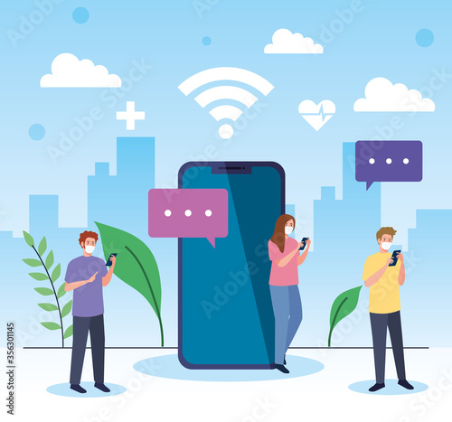 people wearing medical mask communicating by smartphones, covid 19, social media coronavirus concept vector illustration design