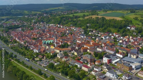 Aeriel view of the city Obernburg in Germany on a cloudy day in spring. During the coronavirus lockdown. photo