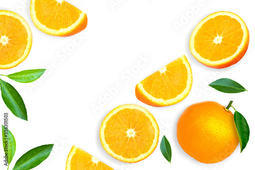 Orange fruit with green leaf isolated on white background. Top view. Flat lay.