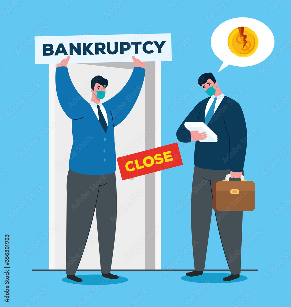 businessmen with masks in front of door design of bankruptcy and covid 19 virus theme Vector illustration
