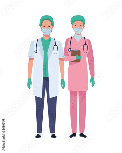 couple doctor and surgeon wearing medical masks characters