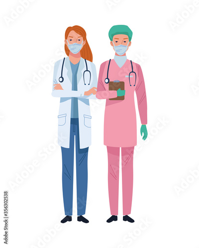 female doctor and surgeon wearing medical masks characters