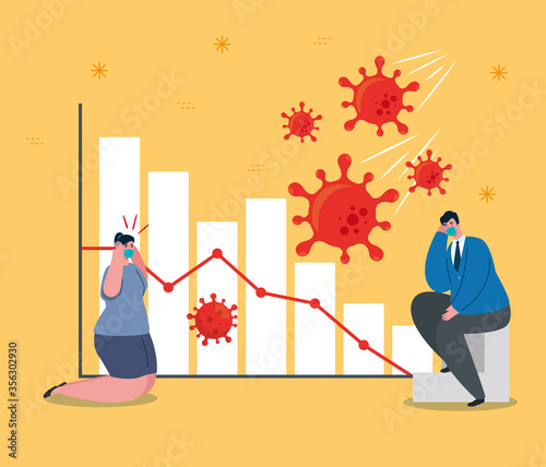 businesspeople with masks and bars chart design of bankruptcy and covid 19 virus theme Vector illustration