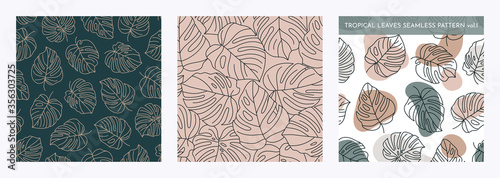 Set of Tropical Monstera Leaves Seamless Pattern. Vector floral background in a trendy minimalistic linear style photo