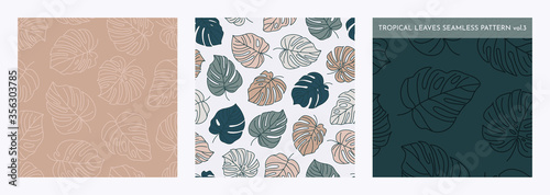 Set of Tropical Monstera Leaves Seamless Pattern. Vector floral background in a trendy minimalistic linear style © Sini4ka
