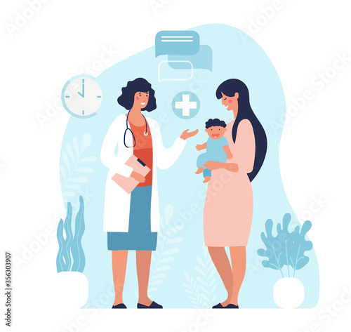 Mom and child are examined by a pediatrician, neonatologist. Medical appointment in the specialist’s office. Clipart for design. Flat vector illustration isolated on white.