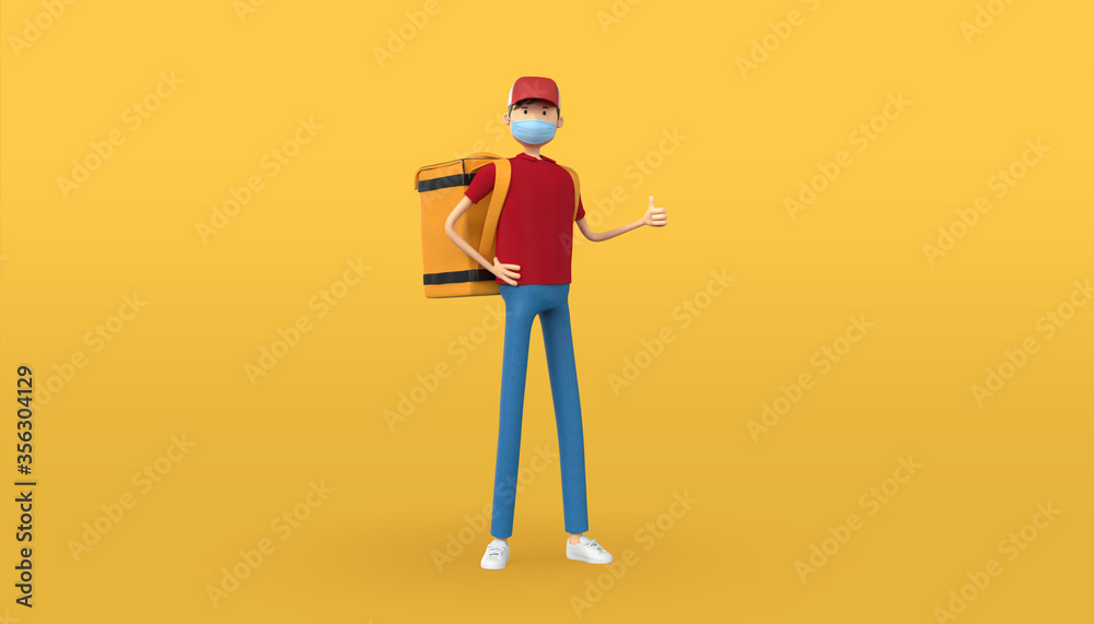 3D illustration of delivery guy with mask and big food bag. Red uniform deliveryman deliver express meal. courier service during quarantine pandemic coronavirus virus 2019-ncov. Safe delivery concept.