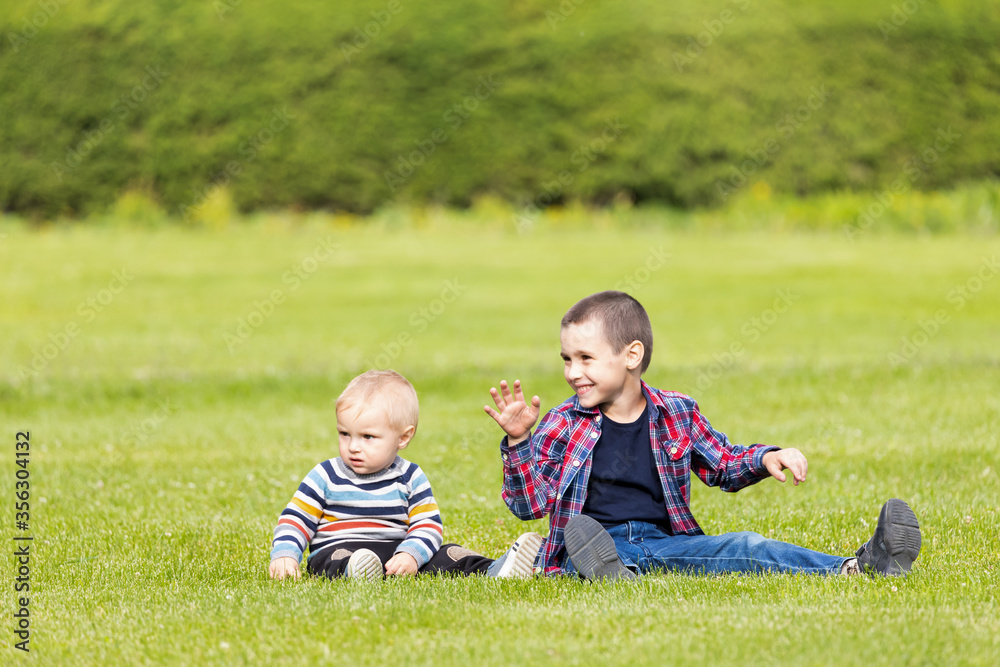 Two cheerful boy brothers of different ages play fun, sit on the grass on a warm summer day. The concept of friendship of brothers and happy childhood. Two cheerful boy brothers of different ages play fun, sit on the grass on a warm summer day. The concept of friendship of brothers and happy childhood.
