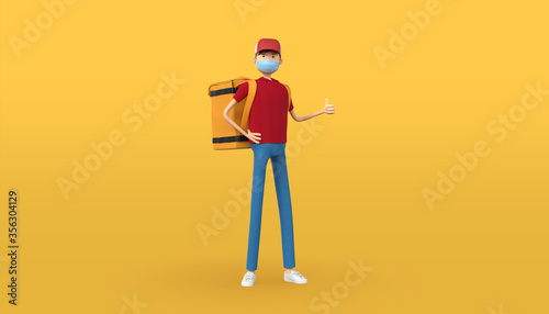 3D illustration of delivery guy with mask and big food bag. Red uniform deliveryman deliver express meal. courier service during quarantine pandemic coronavirus virus 2019-ncov. Safe delivery concept. © redtiger9