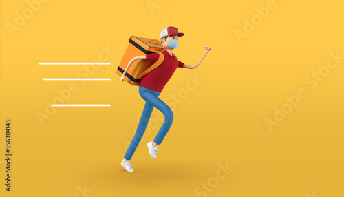 Fotografie 3D illustration of delivery guy with mask and big food bag