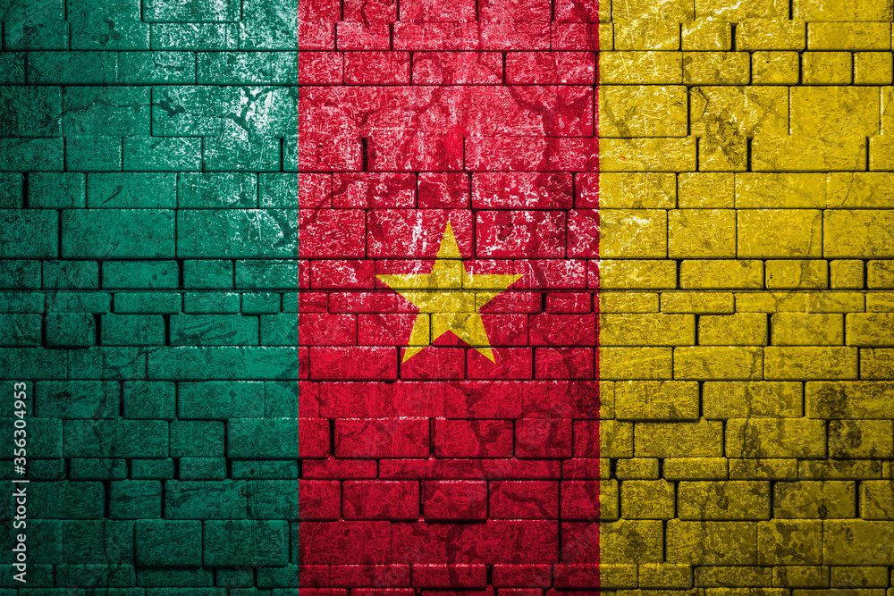 National flag of Cameroon on brick  wall background.The concept of national pride and symbol of the country. Flag  banner on  stone texture background.