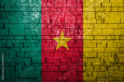 National flag of Cameroon on brick wall background.The concept of national pride and symbol of the country. Flag banner on stone texture background.
