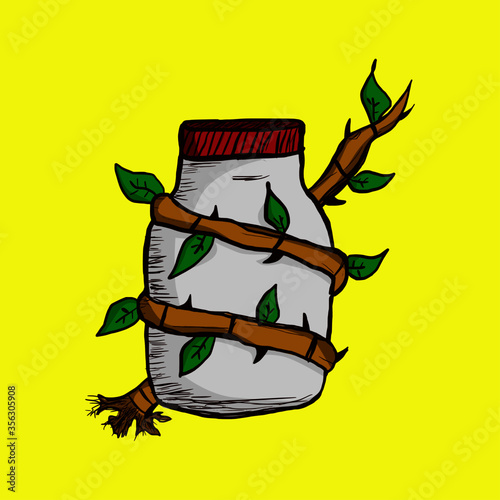illustration vector graphic of old jar wrapped in rooted plants perfect for print need on t-shirt, tote bag and poster