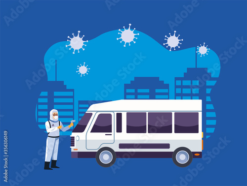 biosafety worker with sprayer disinfectant vehicle for covid19 prevention