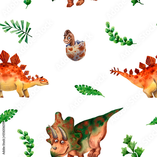 Cute dino colorful pattern. Hand drawn seamless texture. Jurassic Dino print. Stegosaurs and tryceratops characters. Repeat watercolor illustration. Fun design for boys textile. Prehistoric animals. photo