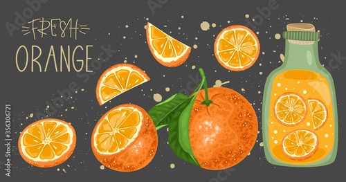 Fresh orange, leaves and a delicious drink. Hand calligraphy. Label, banner advertising element. Vector illustration.
Printing on fabric, paper, postcards, invitations.