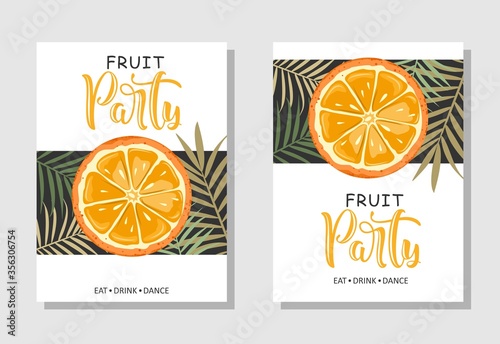 A set of postcards. Fresh orange, tropical leaves, flowers and slices. Hand calligraphy of "Fruit Party". Label, banner advertising element.
Vector illustration. Printing on fabric, paper, postcards, 