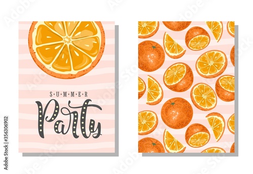 A set of postcards. Fresh orange, tropical leaves, flowers and slices. Hand calligraphy of "Summer Party". Label, banner advertising element.
Vector illustration. Printing on fabric, paper, postcards,