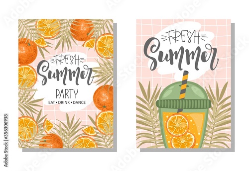 A set of postcards. Fresh orange, tropical leaves, flowers and slices. Hand calligraphy of "Fruit Party". Label, banner advertising element.
Vector illustration. Printing on fabric, paper, postcards, 