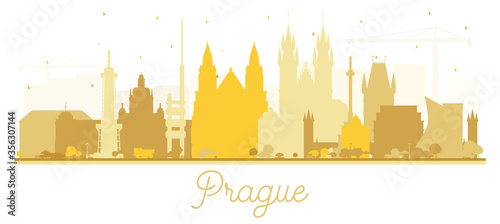 Prague Czech Republic City Skyline Silhouette with Golden Buildings Isolated on White.