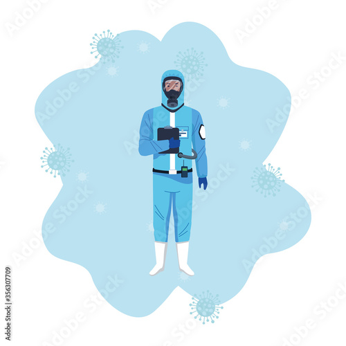 biosafety worker with biohazard suit and covid19 particles