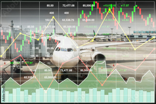 Stock index financial data presentation for travel business and transportation industry with graph and chart on aircraft background.