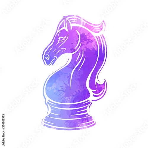 Contour knight chess horse with neon watercolor splashes. Proud mustang mascot. Symbol of smart play. Contour watercolor object for logos, icons and your design.
