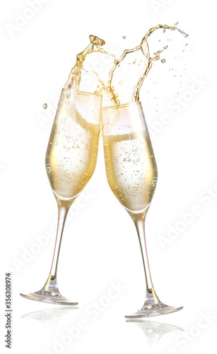 Clinking glasses of champagne with splash on white background