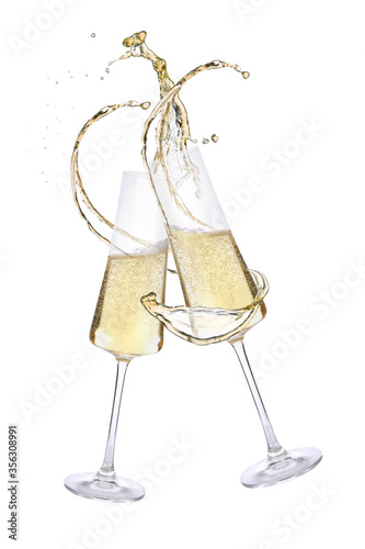 Clinking glasses of champagne with splash on white background