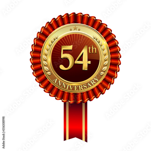 Celebrating 54th anniversary logo, with golden badge and red ribbon isolated on white background.