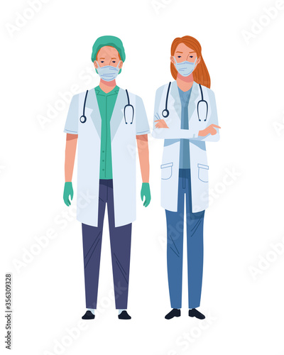 couple doctors wearing medical masks characters