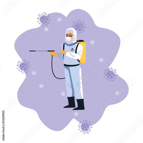 biosafety worker with sprayer disinfectant and covid19 particles