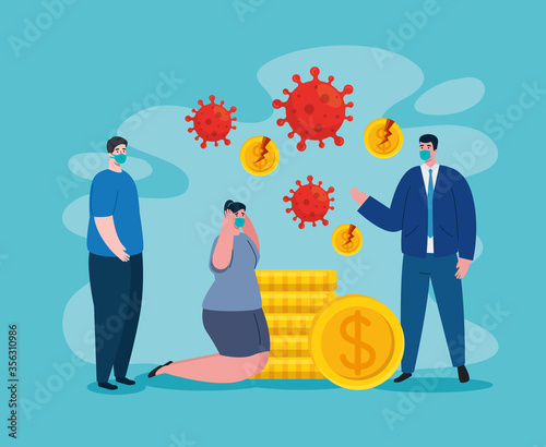 businesspeople with masks and broken coins design of bankruptcy and covid 19 virus theme Vector illustration
