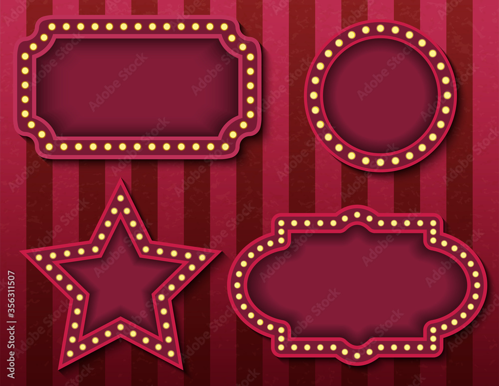 Circus signboards. Vector stock brightly glowing retro cinema neon signs banners. Circus style evening show banner templates. Background vector poster images