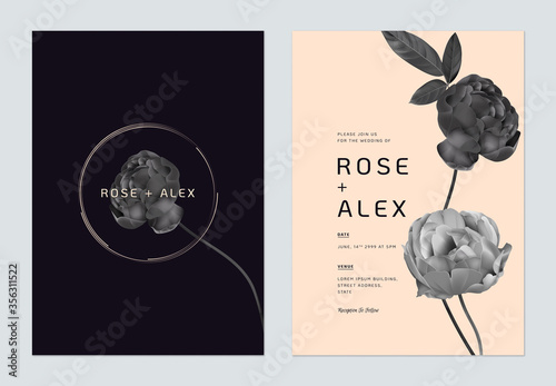 Minimalist floral wedding invitation card template design, black roses on dark purple and bright orange